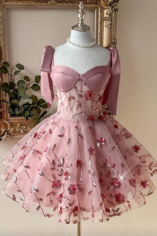 A-Line Sweetheart Tulle Mini Dress with 3D Flowers