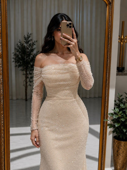 Off-Shoulder Ruched Pearl Embellished Maxi Gown