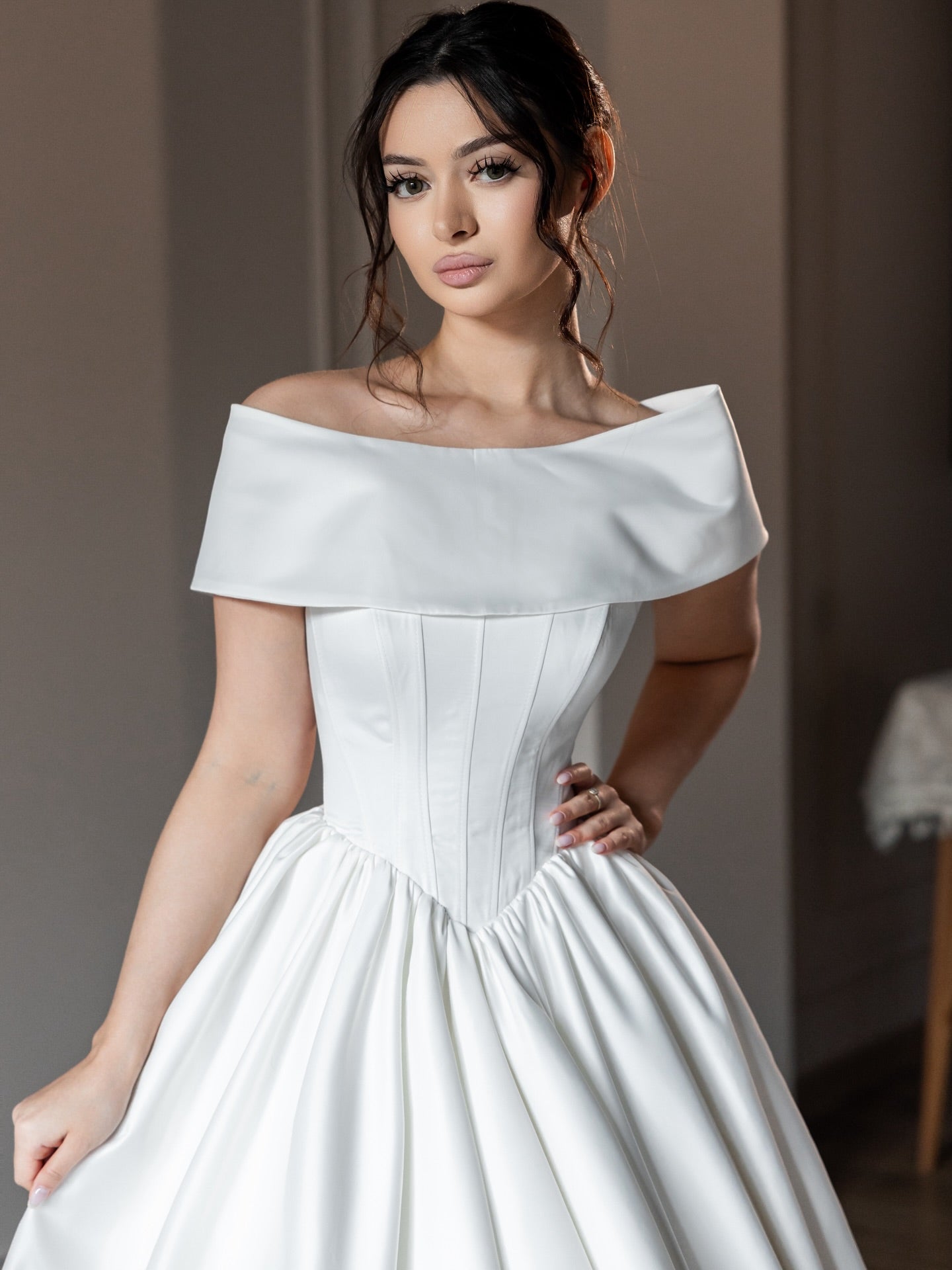 Off-the-Shoulder Satin Ball Gown Wedding Dress