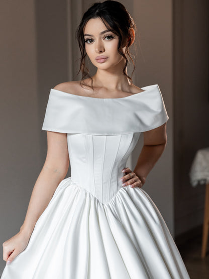 Off-the-Shoulder Satin Ball Gown Wedding Dress