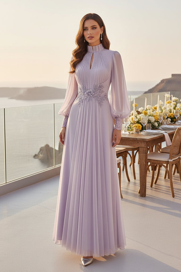 Pleated High Neck A-Line Gown with Bishop Sleeves