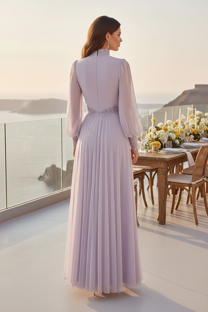 Pleated High Neck A-Line Gown with Bishop Sleeves