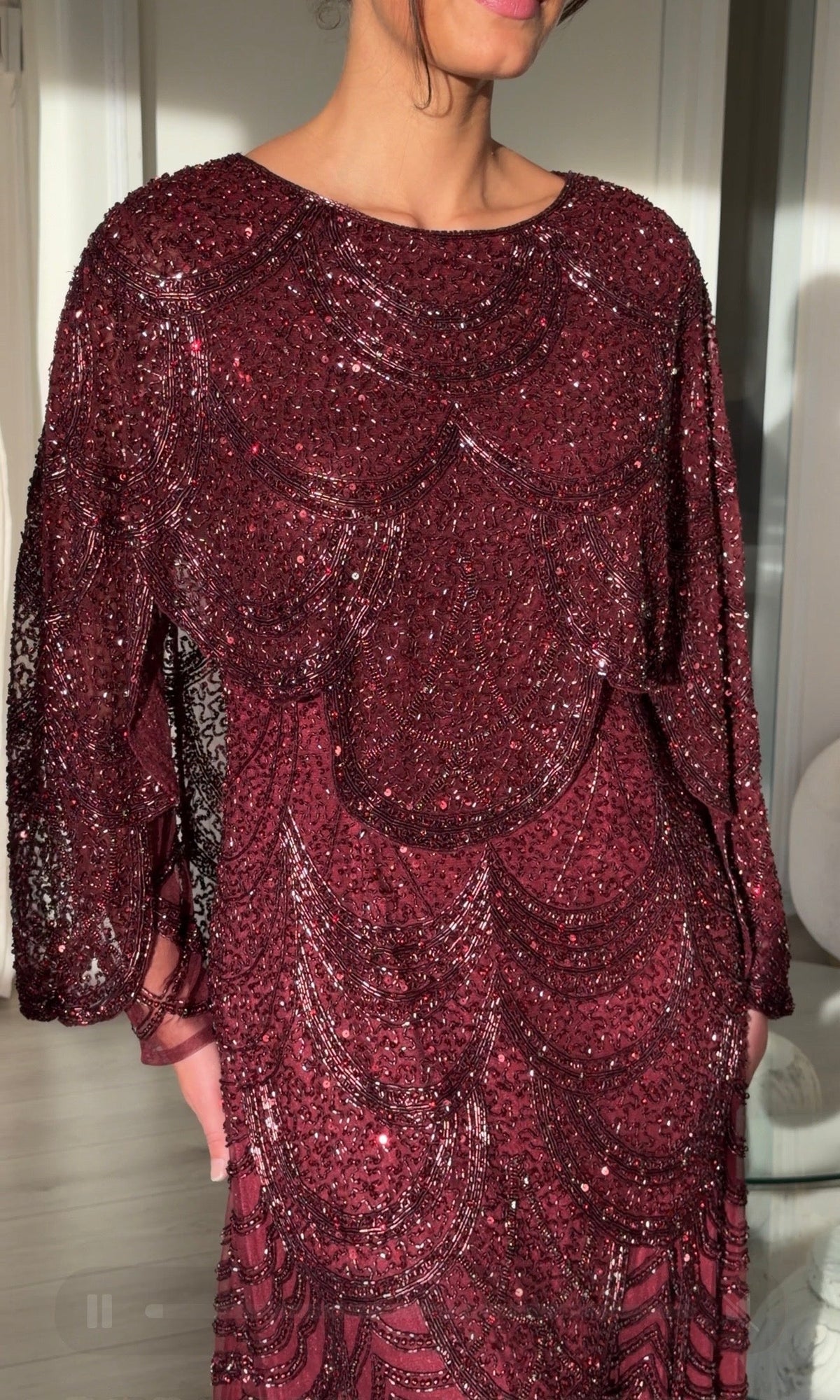 Beaded Scallop Capelet Evening Maxi Dress