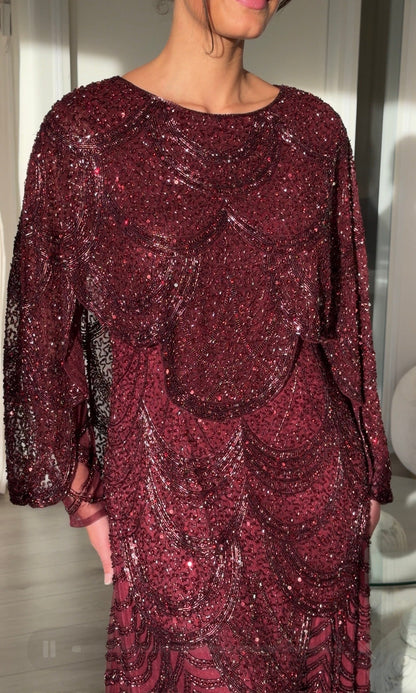 Beaded Scallop Capelet Evening Maxi Dress