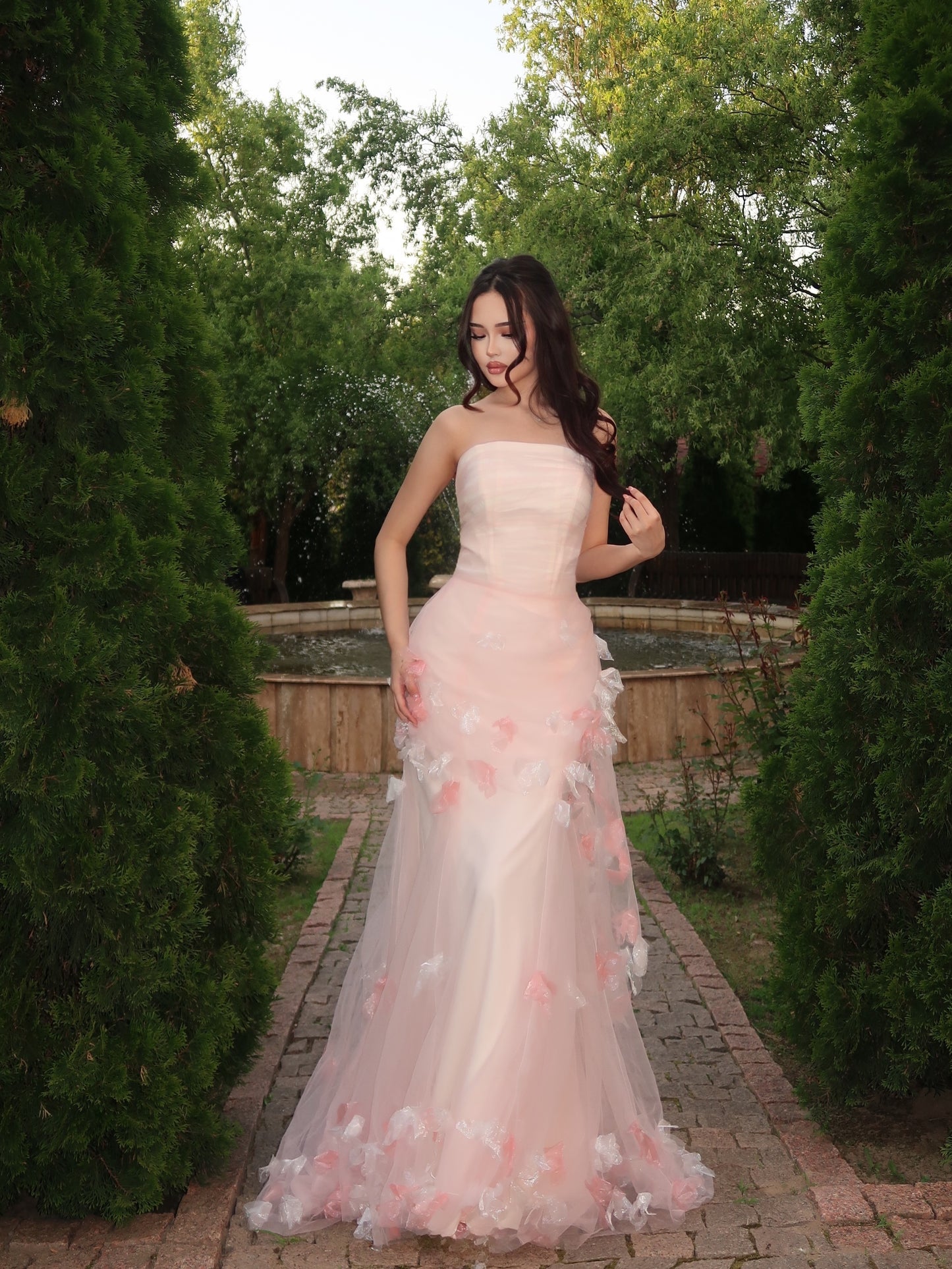 Strapless 3D Floral Tulle Mermaid Prom Gown