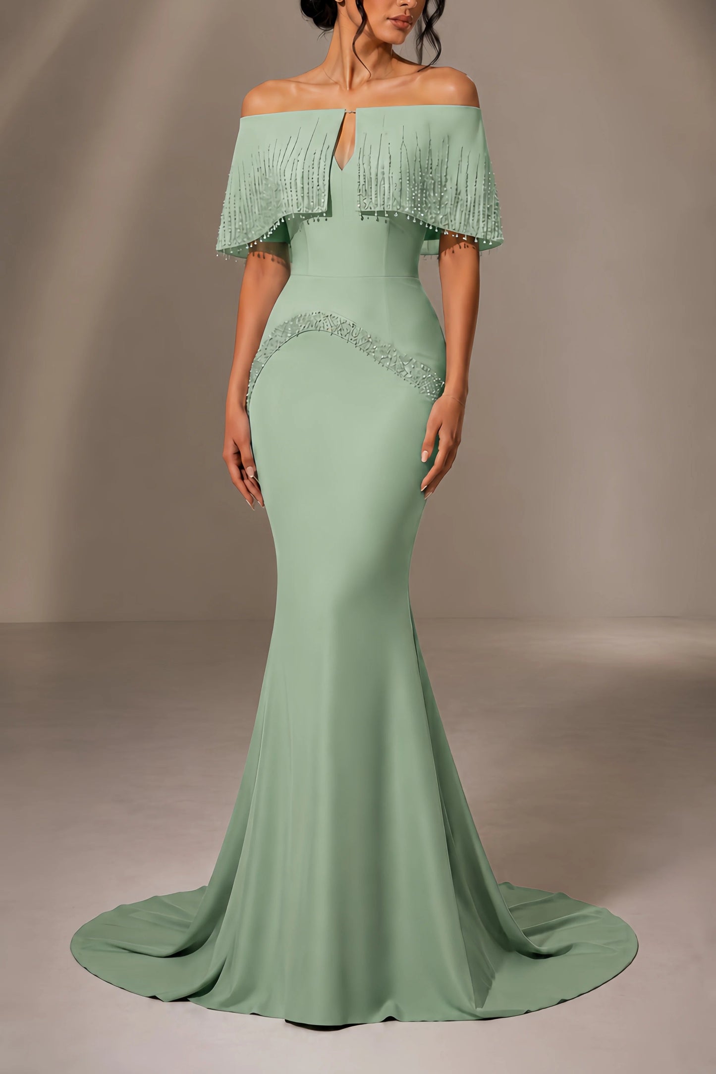Off-Shoulder Fringe Cape Mermaid Evening Gown