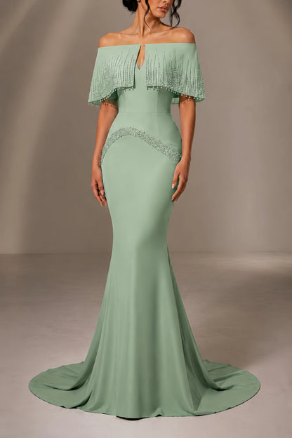 Off-Shoulder Fringe Cape Mermaid Evening Gown