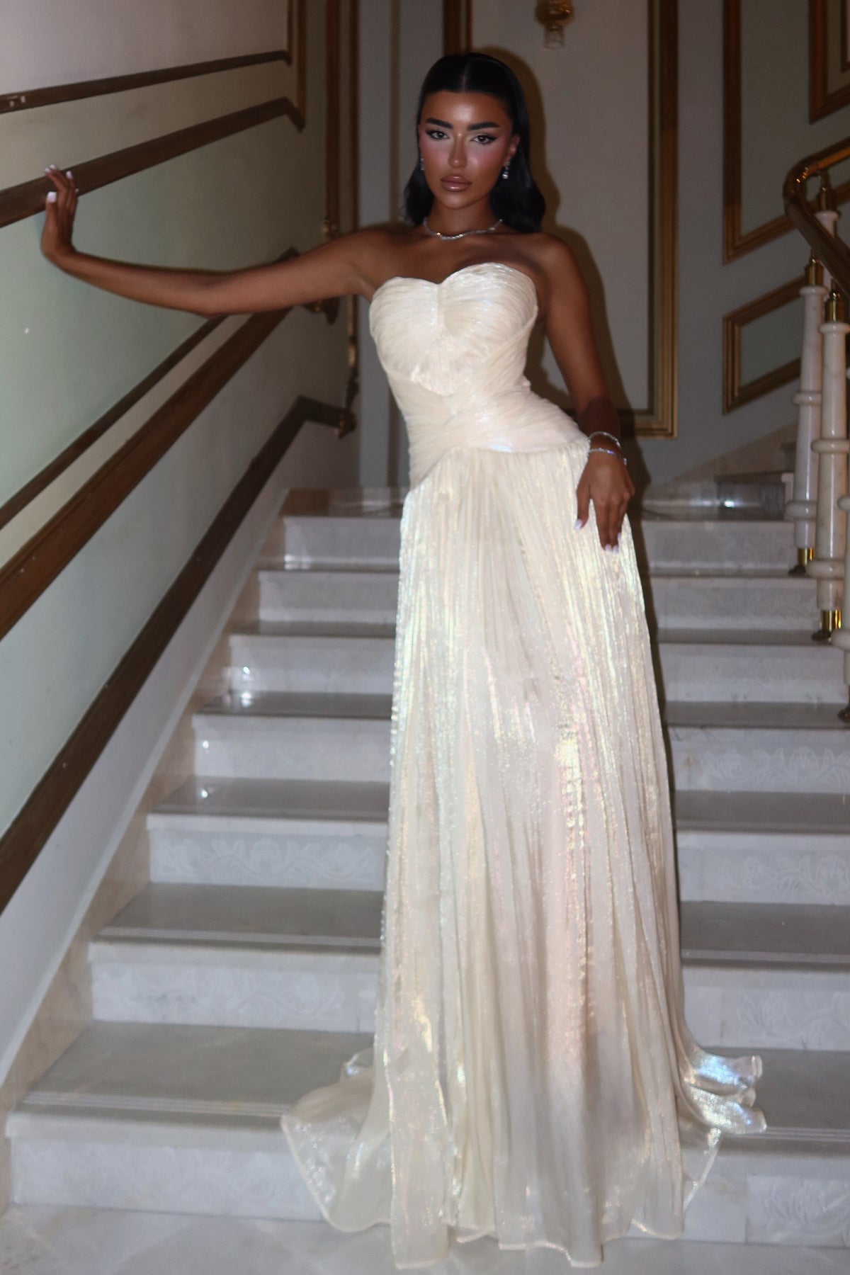 Strapless Ruched Bodice Shimmer Evening Gown