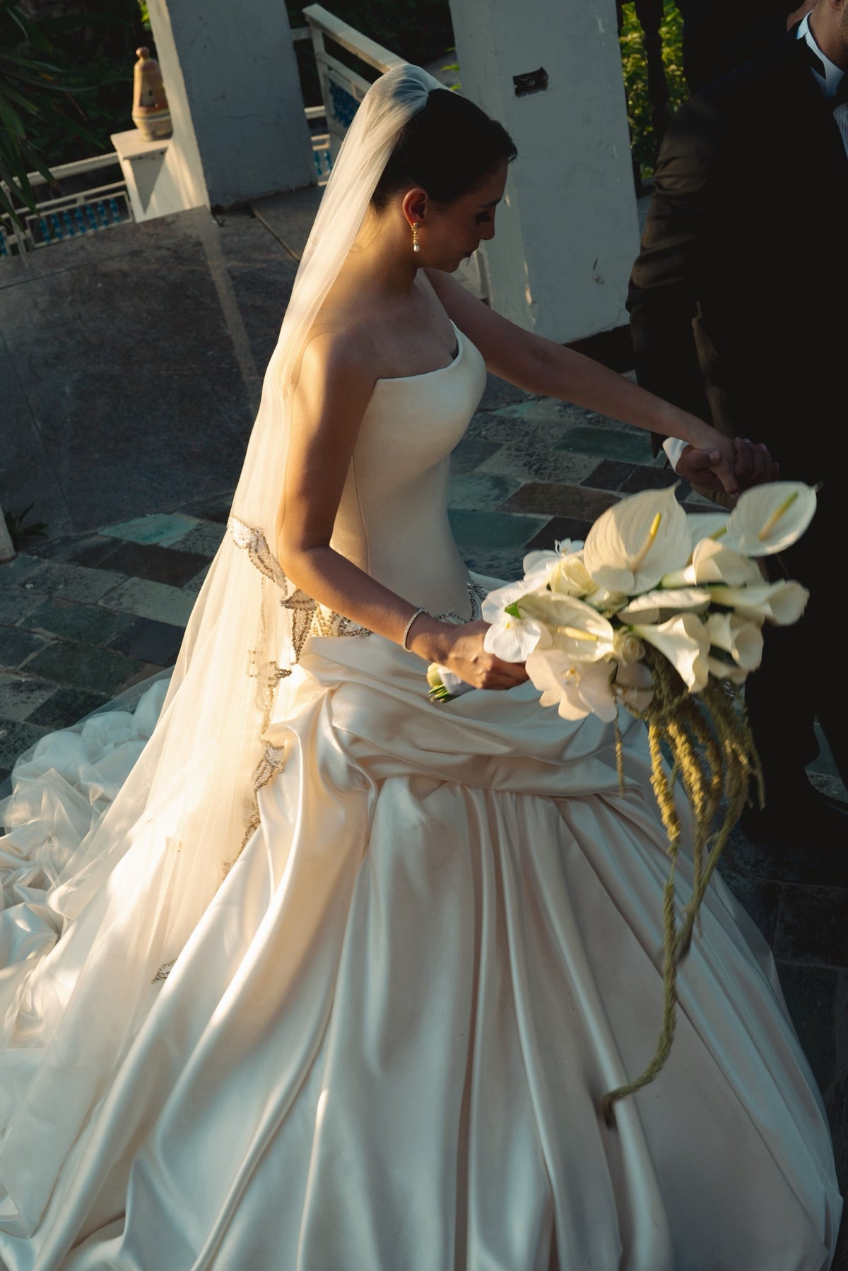 Strapless Drop Waist Satin Ball Gown