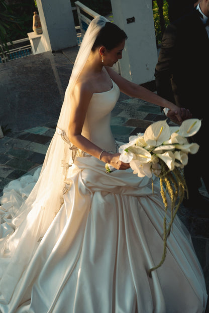 Strapless Drop Waist Satin Ball Gown