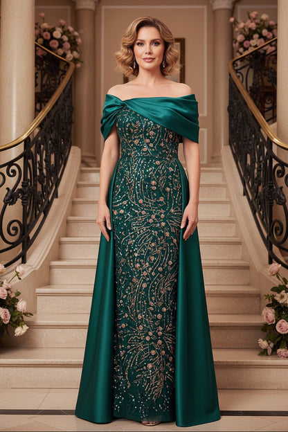 Off-the-Shoulder Sequin Evening Gown with Overskirt