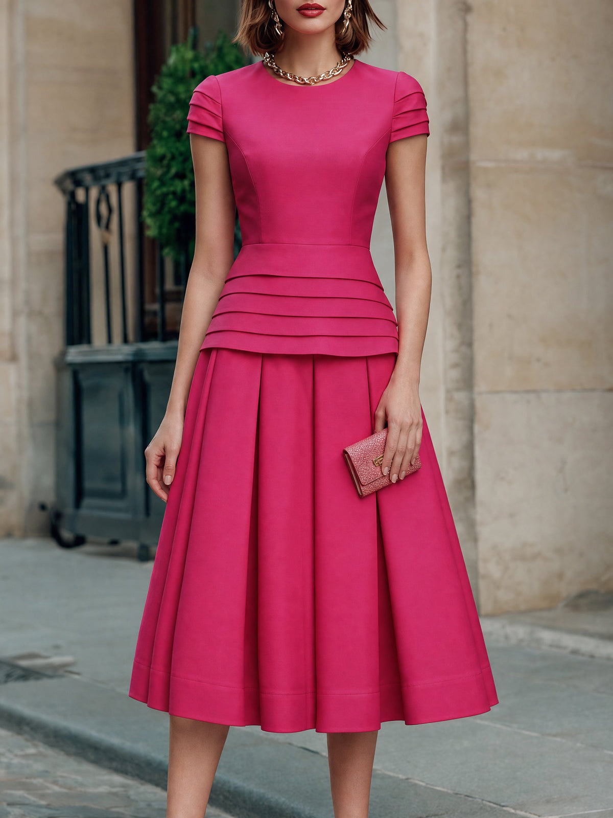 Tiered Waist Short-Sleeve Midi Dress with Pleated Skirt