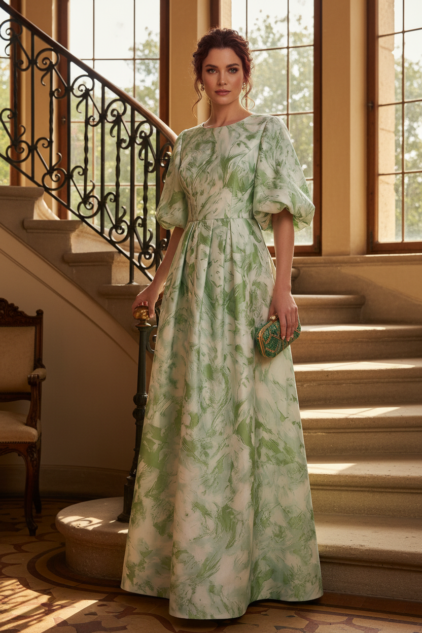 Pleated Jacquard Puff Sleeve Evening Dress