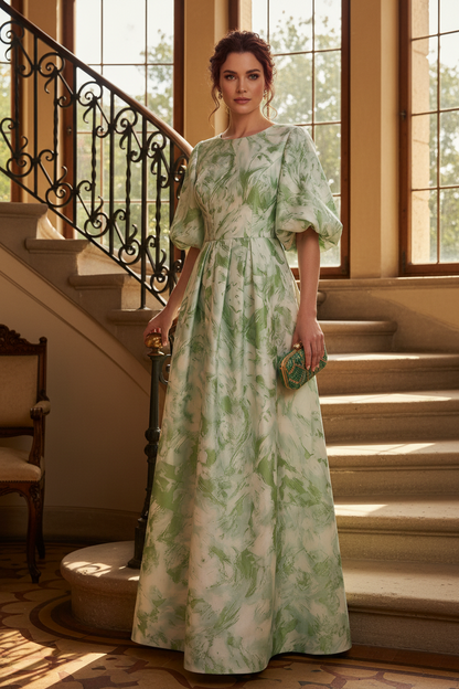 Pleated Jacquard Puff Sleeve Evening Dress