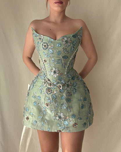 Beaded Corset Bubble Hem Mini Dress