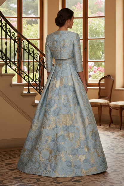 Floral Jacquard A-Line Gown with Matching Cropped Jacket