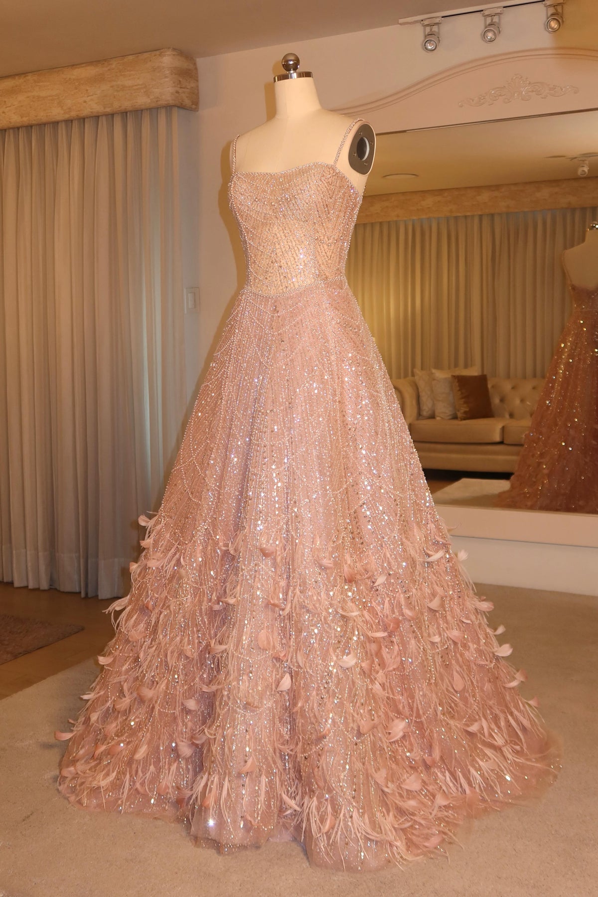 Beaded Feather Ball Gown Evening Dress
