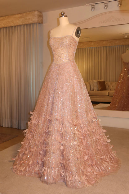 Beaded Feather Ball Gown Evening Dress