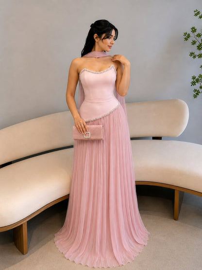 Pearl-Trimmed Strapless Pleated Evening Gown