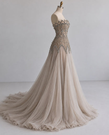 Strapless Beaded Bodice Tulle Ball Gown