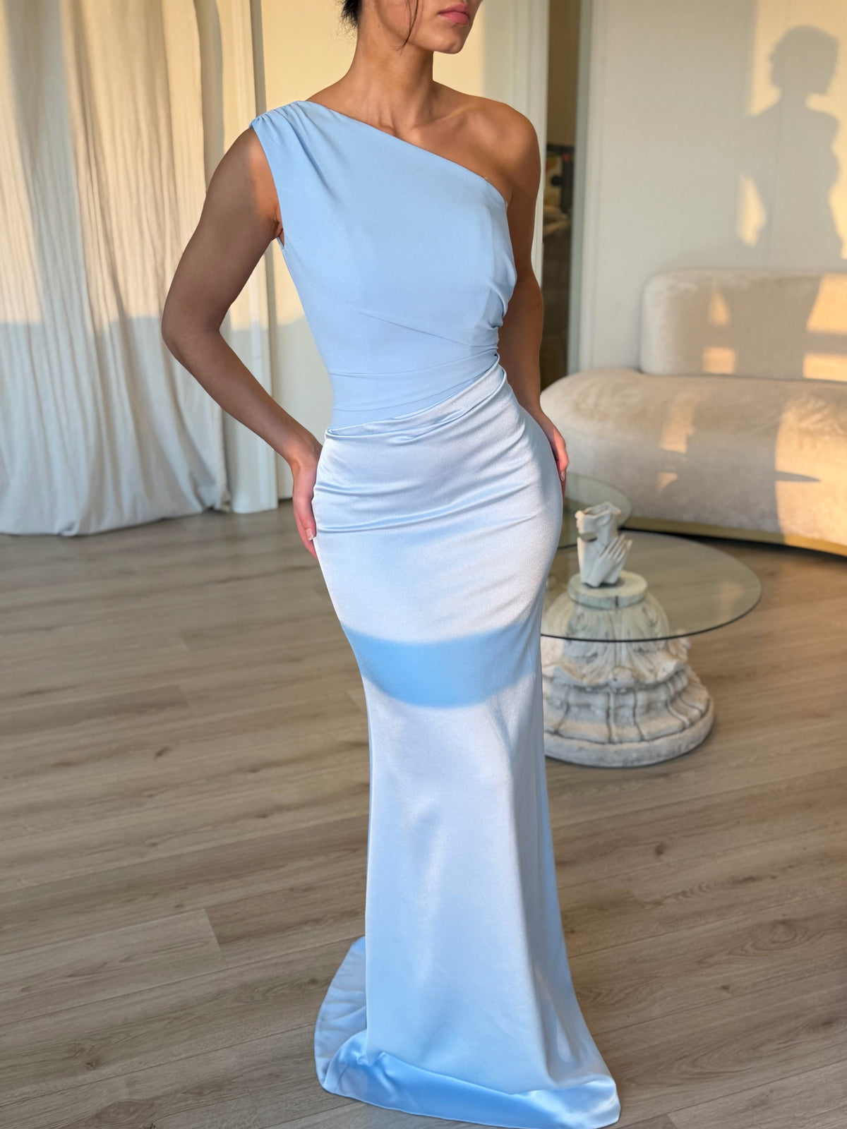 One-Shoulder Ruched Floor-Length Evening Dress