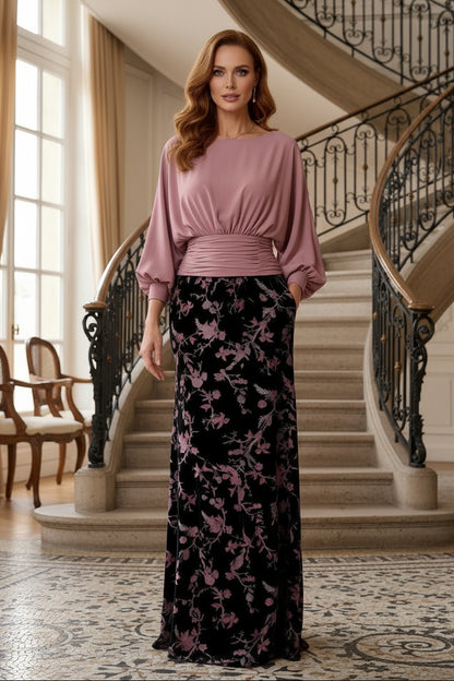 Gathered Bodice Maxi Dress with Floral Velvet Skirt