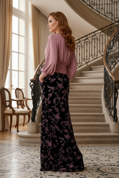 Gathered Bodice Maxi Dress with Floral Velvet Skirt