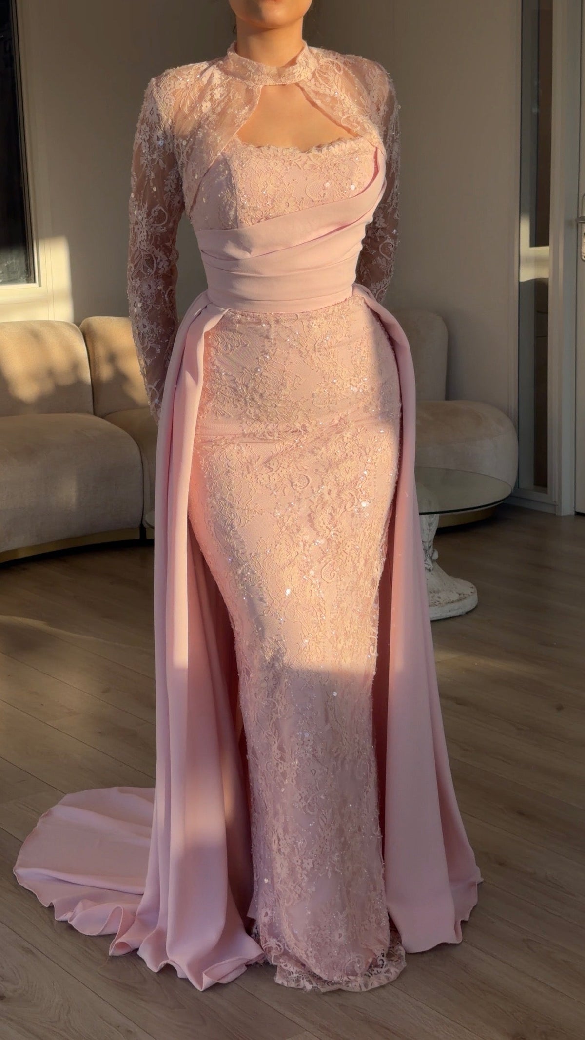 Lace Sheath Gown with Keyhole Neck & Overskirt