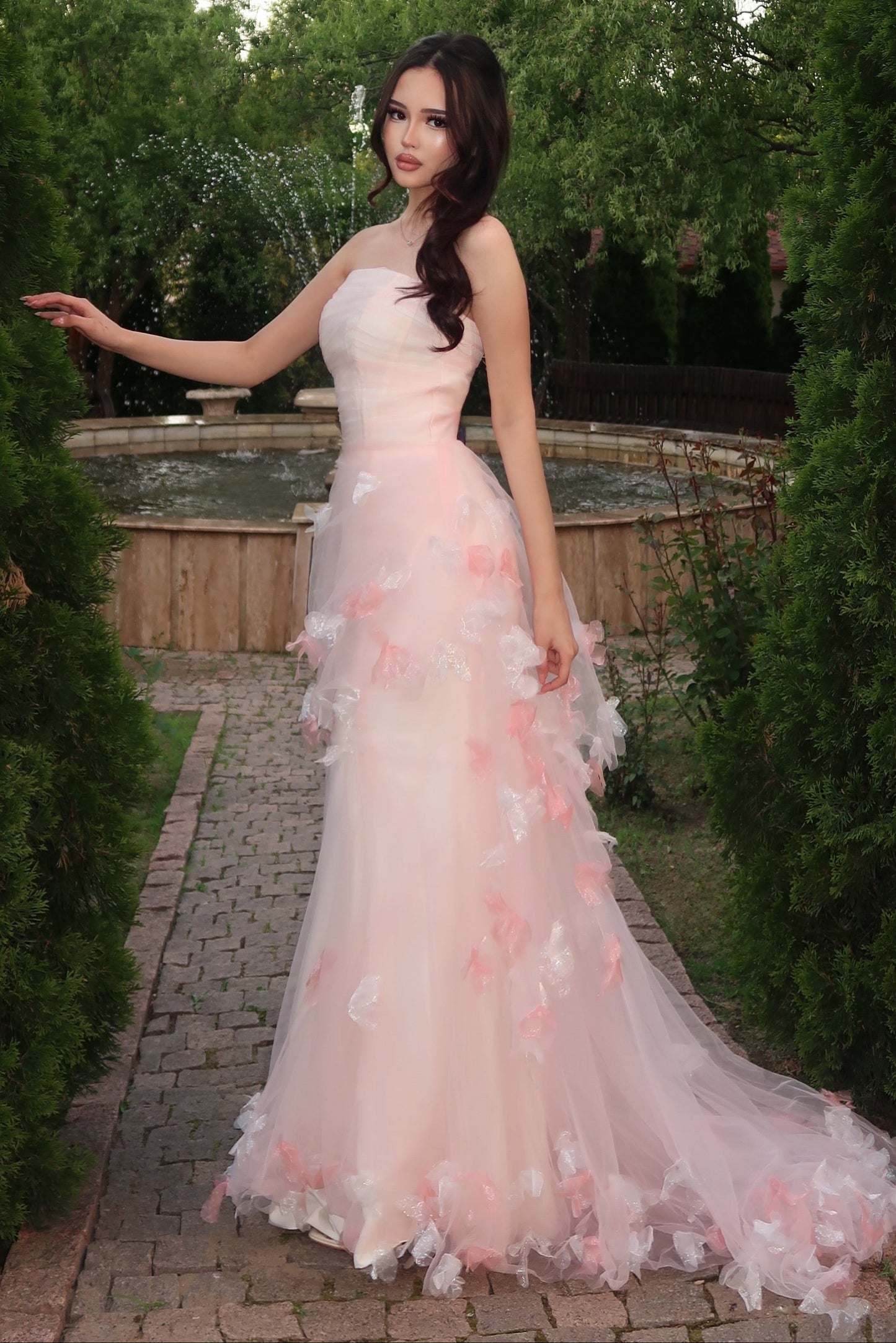 Strapless 3D Floral Tulle Mermaid Prom Gown