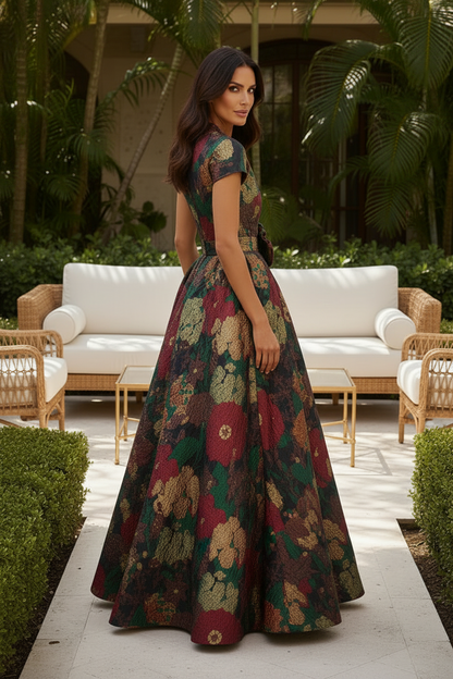 Floral Jacquard A-Line Gown with Pockets