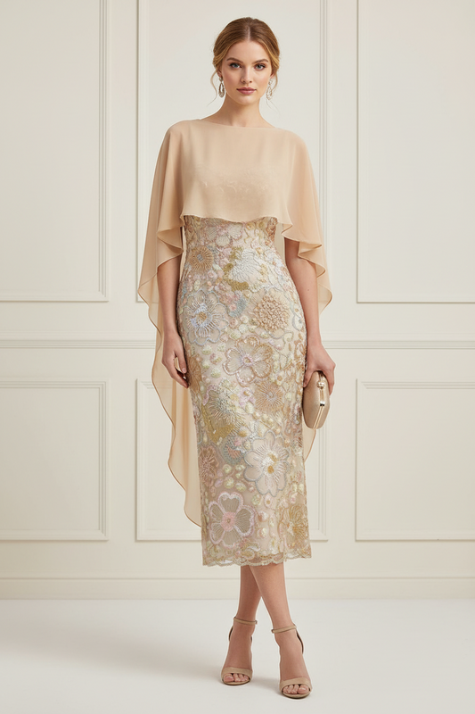 Embroidered Midi Dress with Chiffon Cape Overlay