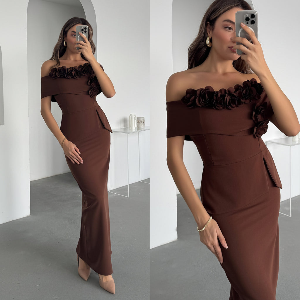 Off Shoulder 3D Flower Maxi Evening Dress