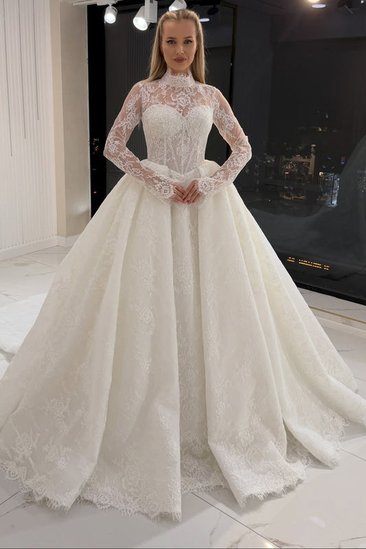 Corset Lace Long Sleeve Ball Gown Wedding Dress