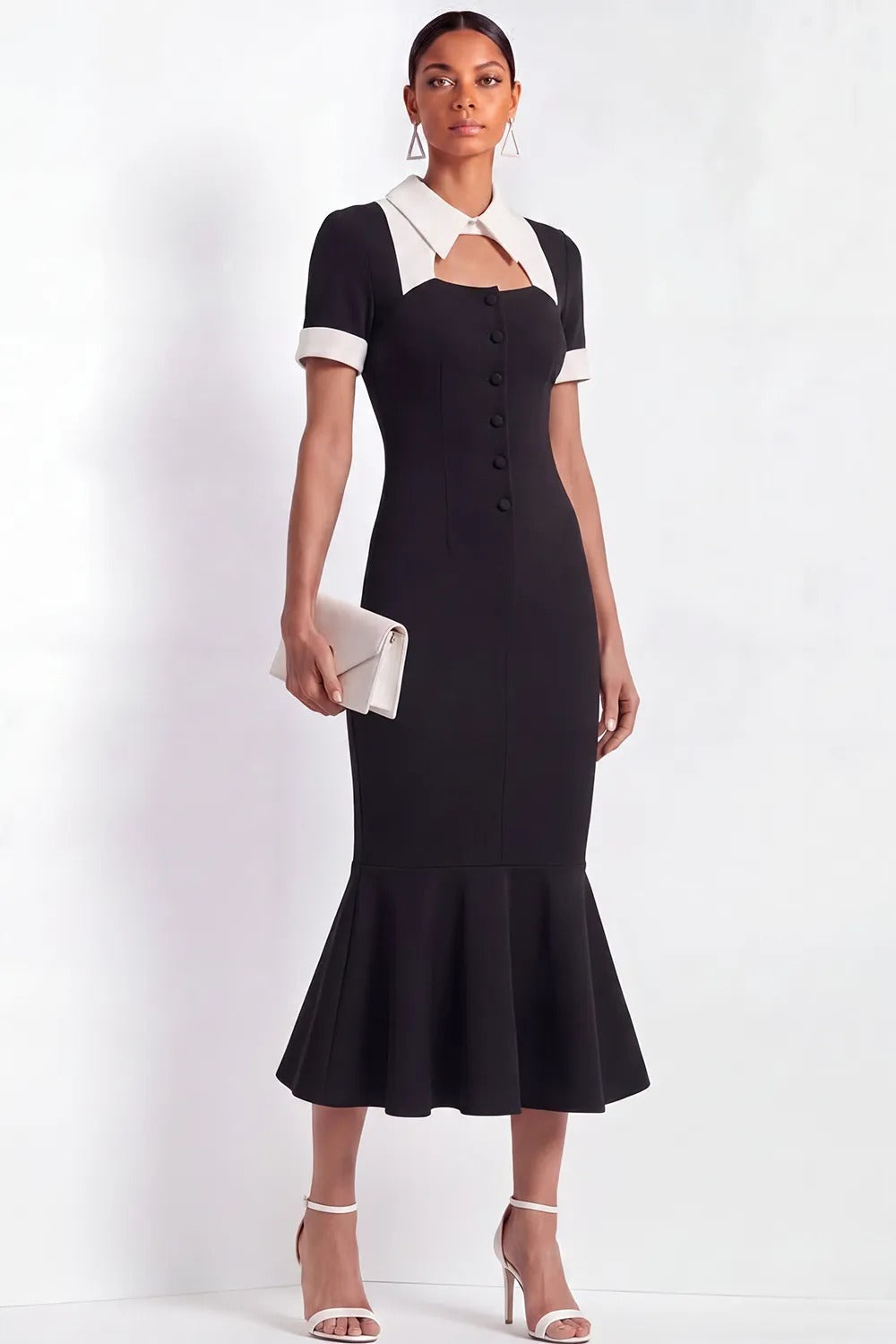 Collared Midi Dress with Trumpet Hem