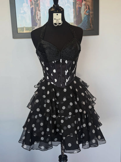 Polka Dot Corset Halter Tiered Ruffle Mini Dress