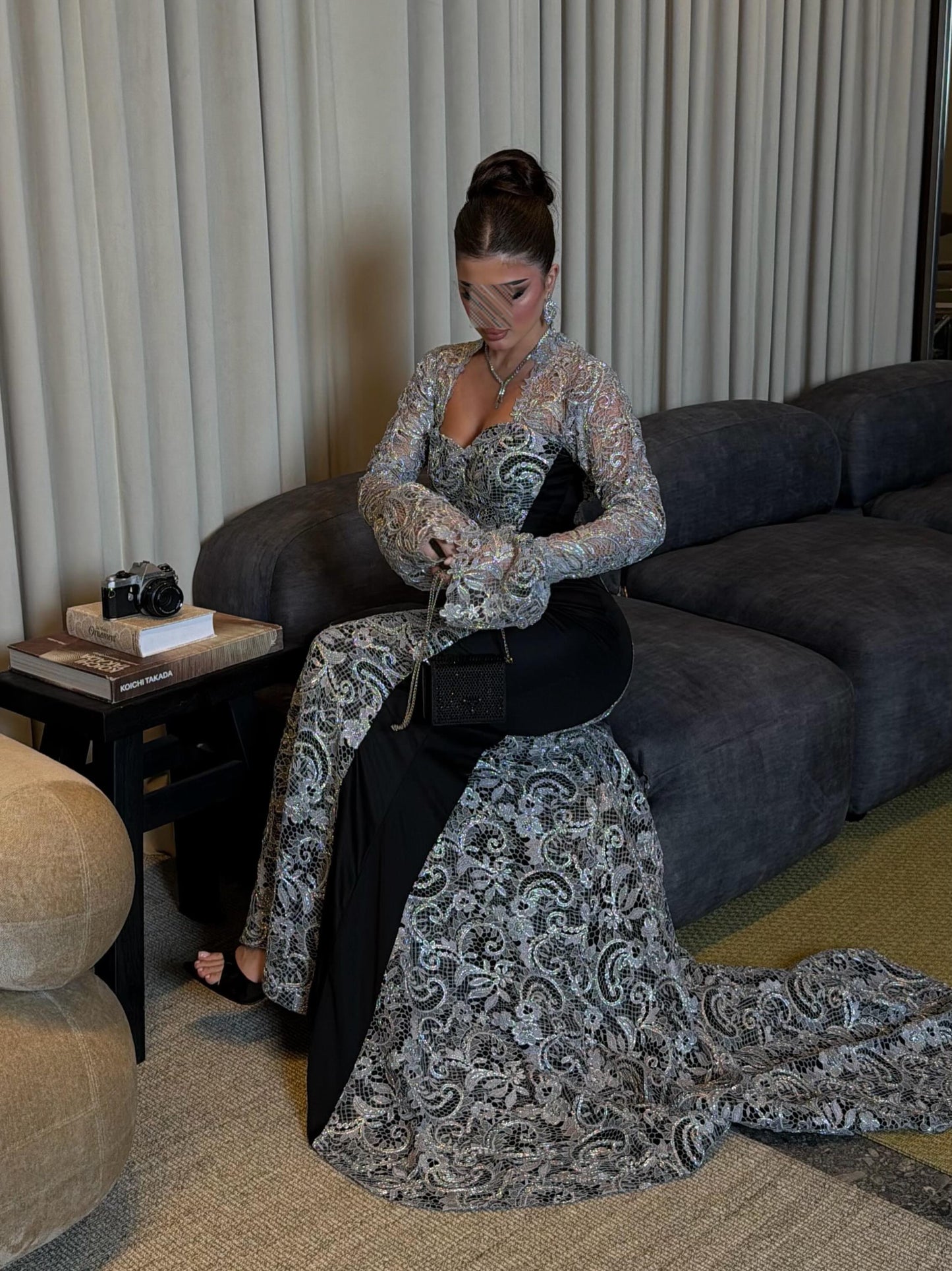 Open Back Mermaid Evening Gown with Bell Sleeves