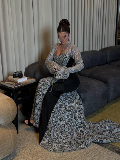 Open Back Mermaid Evening Gown with Bell Sleeves