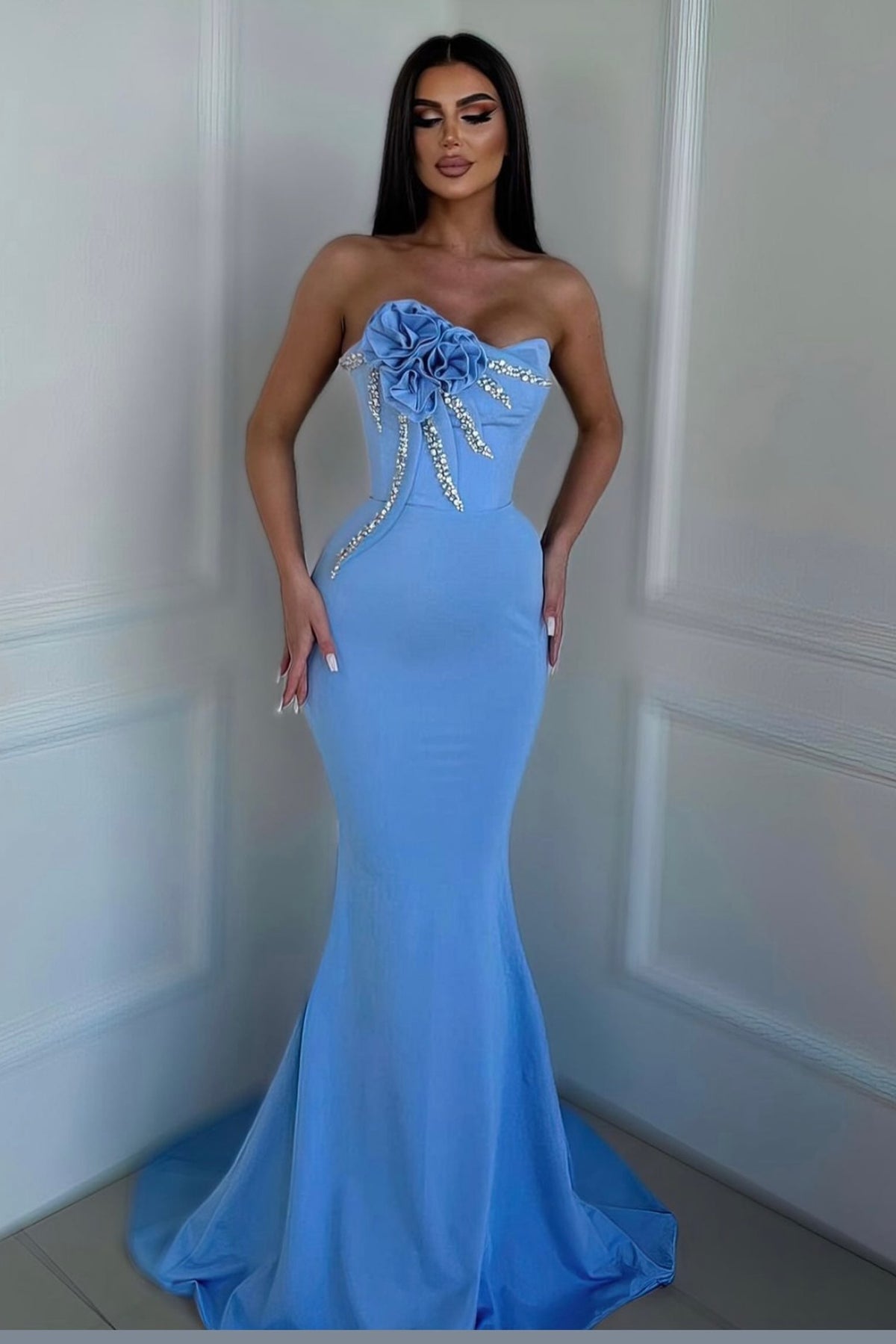 Strapless Mermaid Evening Gown with 3D Floral Bodice