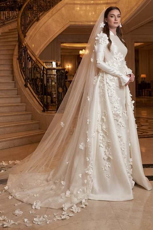 High Neck Satin A-Line Wedding Dress with 3D Flowers