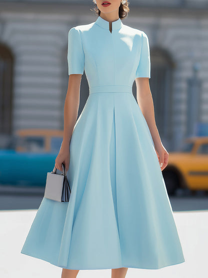 High Neck Short Sleeve Pleated Midi Dress