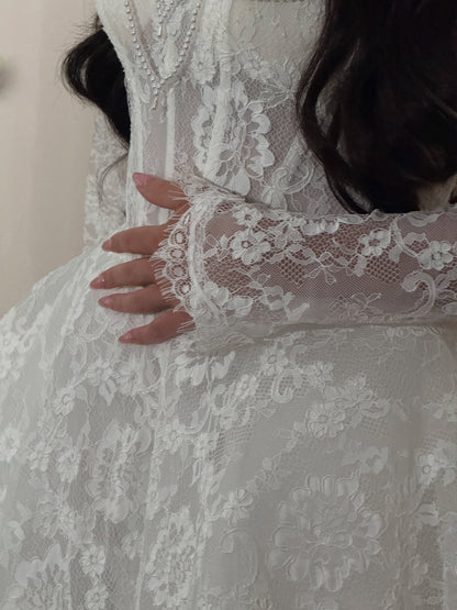 Off-Shoulder Lace Long Sleeve Wedding Dress with Train