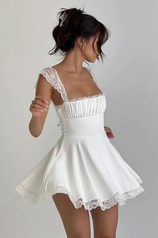 Lace-Up Satin A-Line Mini Dress with Lace Trim