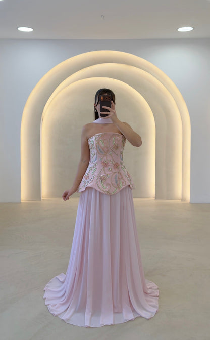 Strapless Floral Embroidered Peplum Chiffon Gown