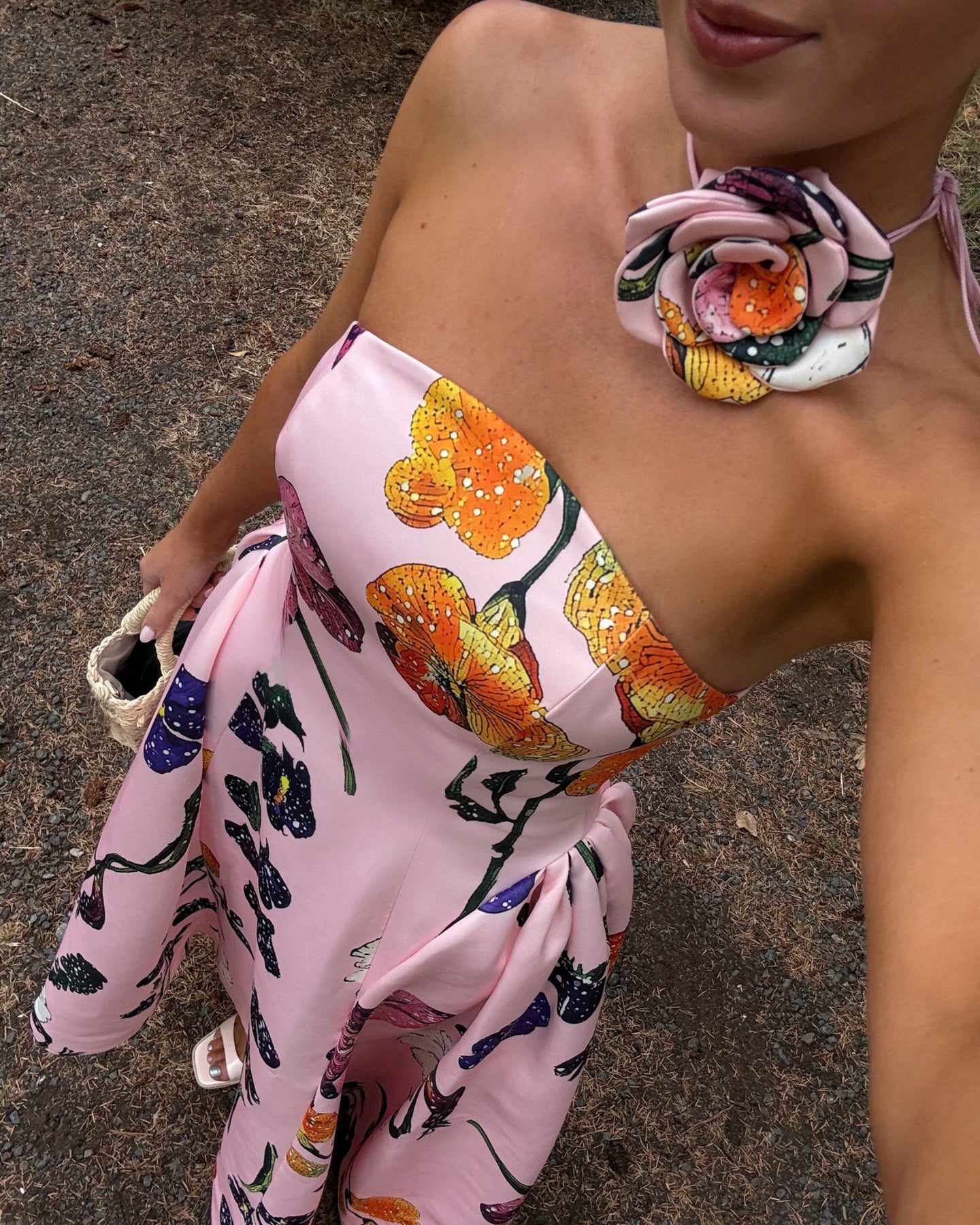 Strapless Floral Print A-Line Evening Gown