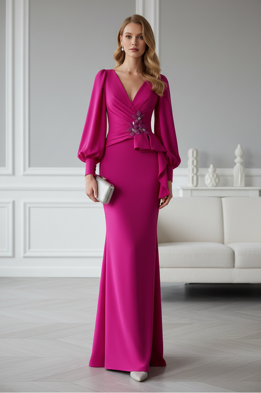 Long Sleeve V-Neck Embellished Crepe Gown