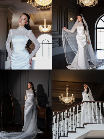 Lace High-Neck Ball Gown Wedding Dress with Train