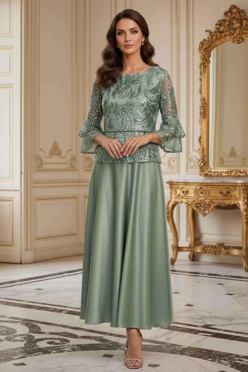 Sequin Leaf Print Blouse & Satin Skirt Two-Piece Set