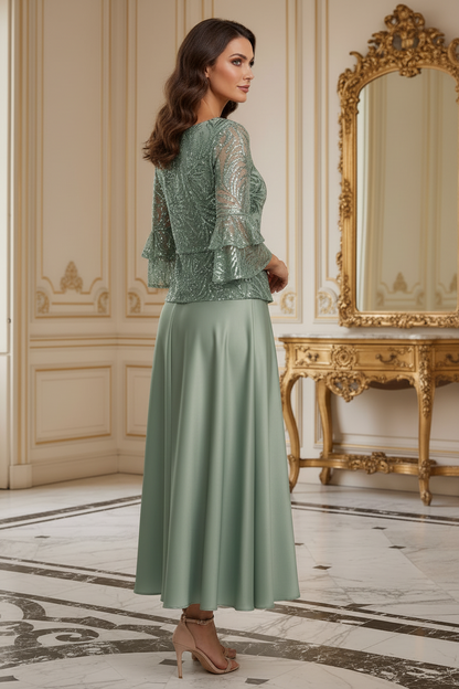 Sequin Leaf Print Blouse & Satin Skirt Two-Piece Set