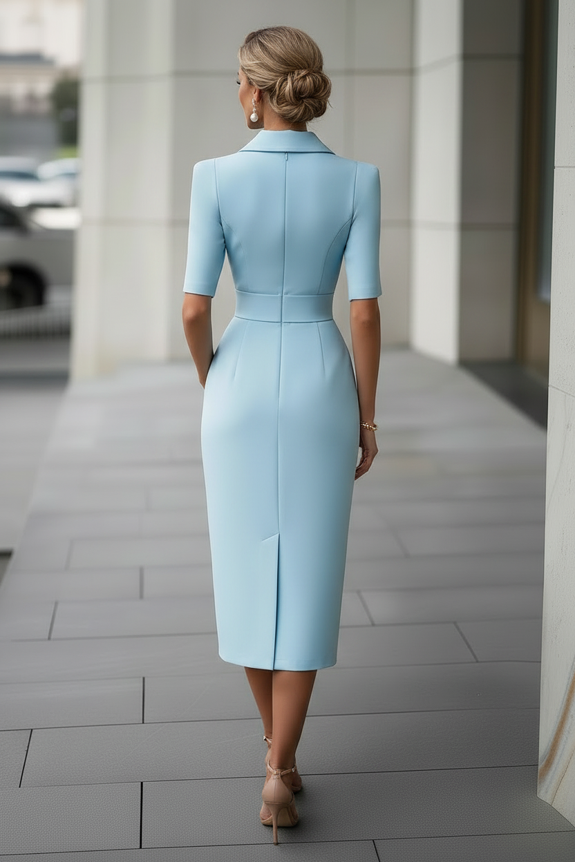 Collared Belted Midi Sheath Dress