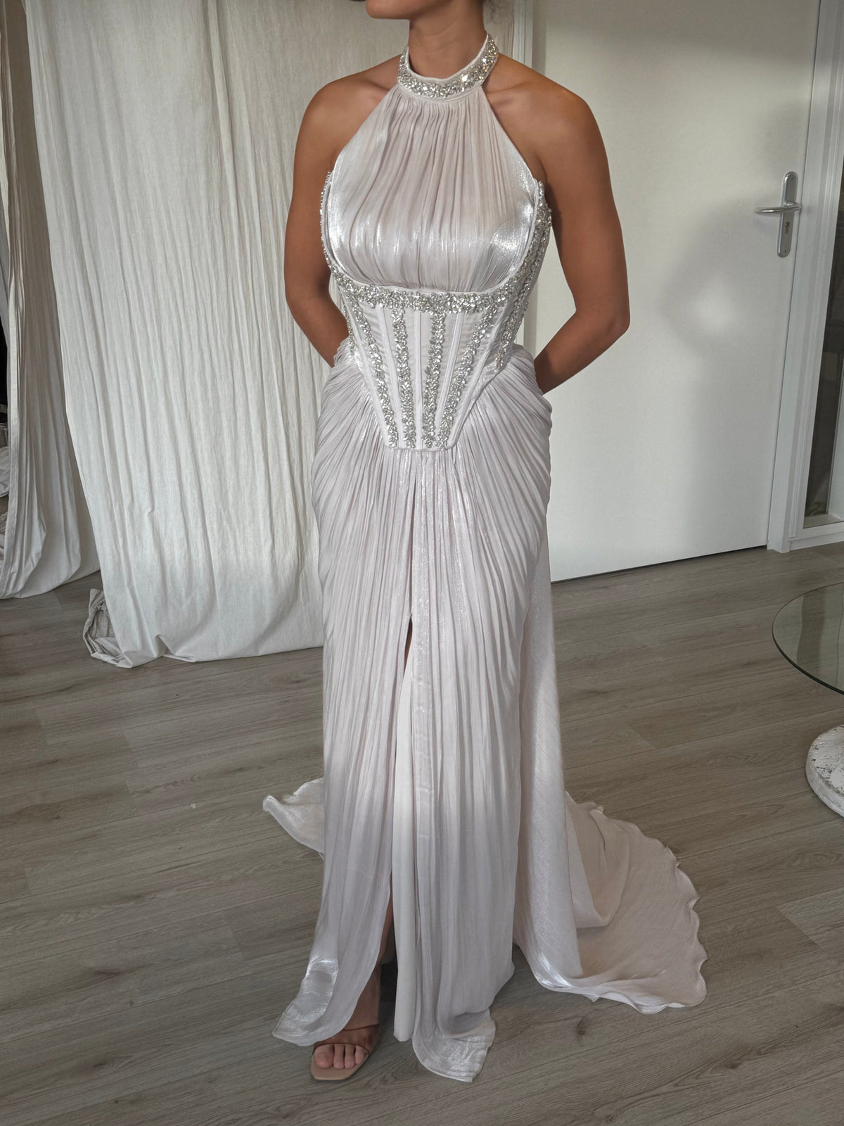 Halter Corset Evening Gown with Beaded Trim